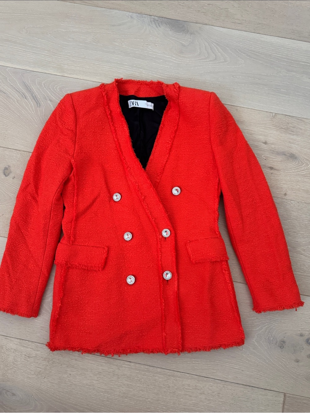Zara Bright Red Double-Breasted Bouclé Blazer